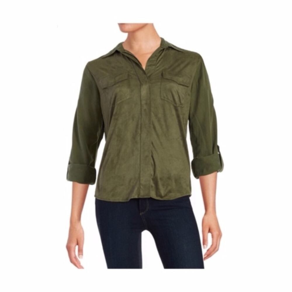 Sam Edelman Button Down Shirt Womens XS Green Cold Shoulder Zipper Utility